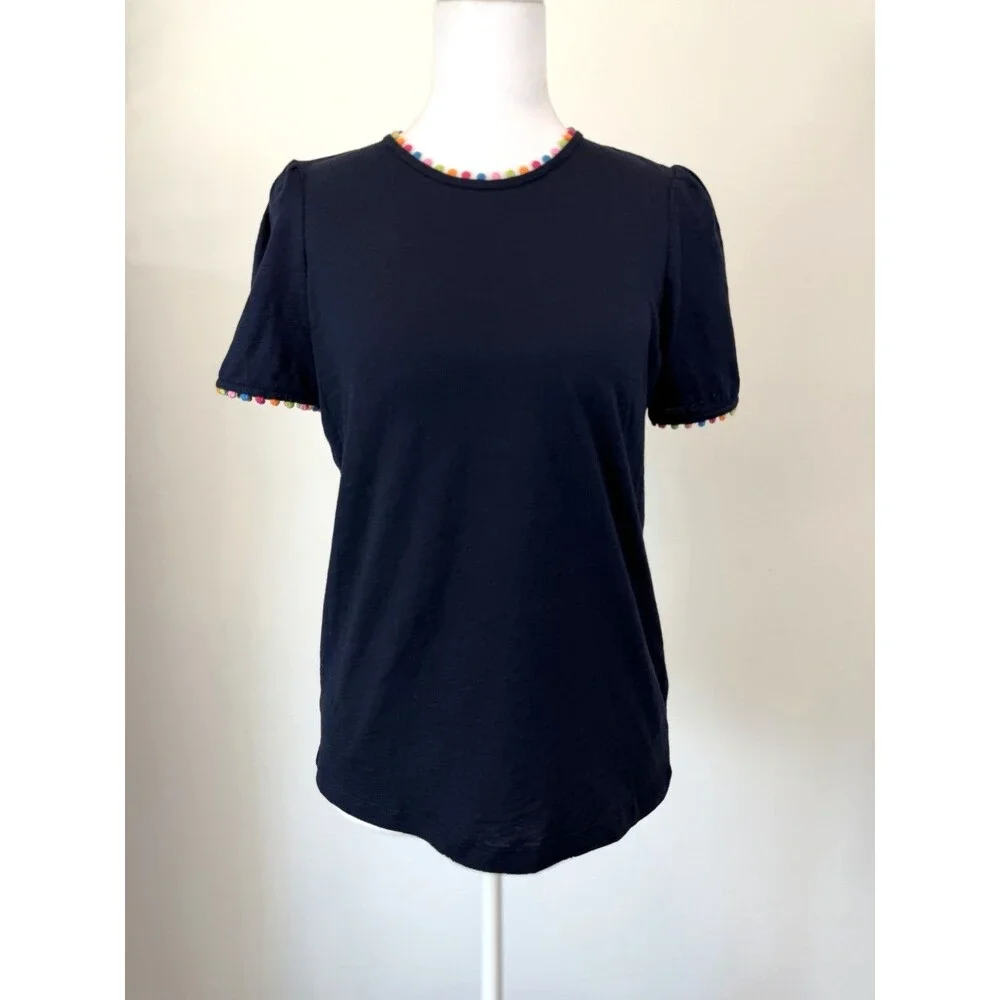 Boden Womens Size 2 Navy Pom Pom Trim Puff Sleeve T Shirt Top Colorful Casual
